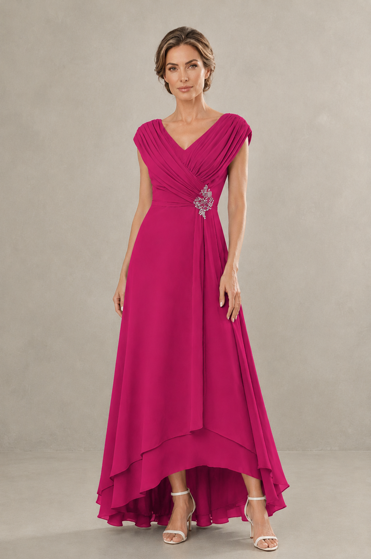 BOLODOO Fuchsia V-Neck High-Low Mother of the Bride Dress - Fuchsia - Fuchsia_01