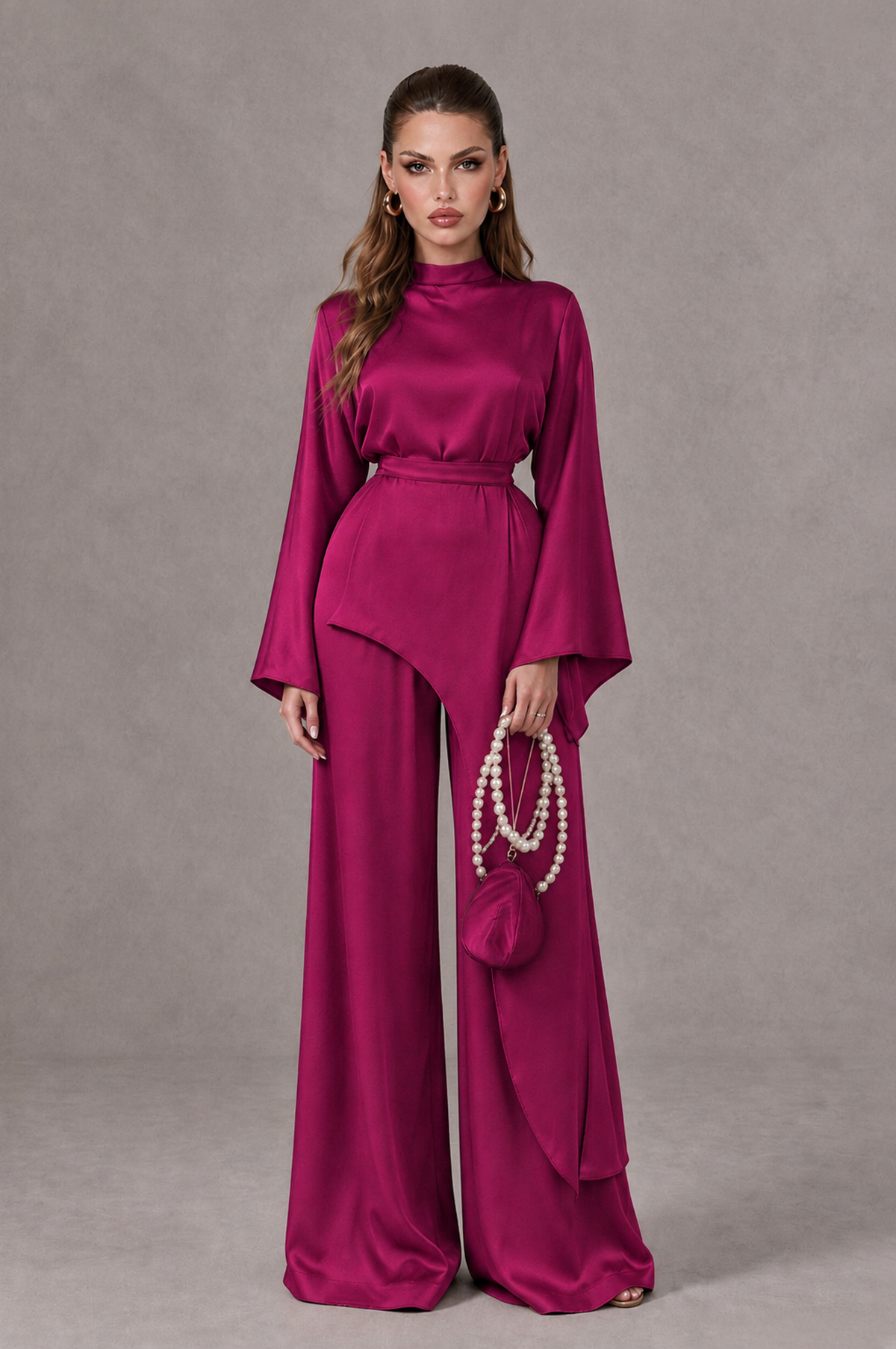 BOLODOO Fuchsia Satin-Look Long Sleeve Wide-Leg Jumpsuit - Fuchsia - Fuchsia_01