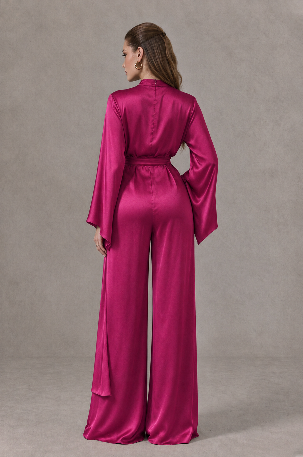 BOLODOO Fuchsia Satin-Look Long Sleeve Wide-Leg Jumpsuit - Fuchsia - Fuchsia_02