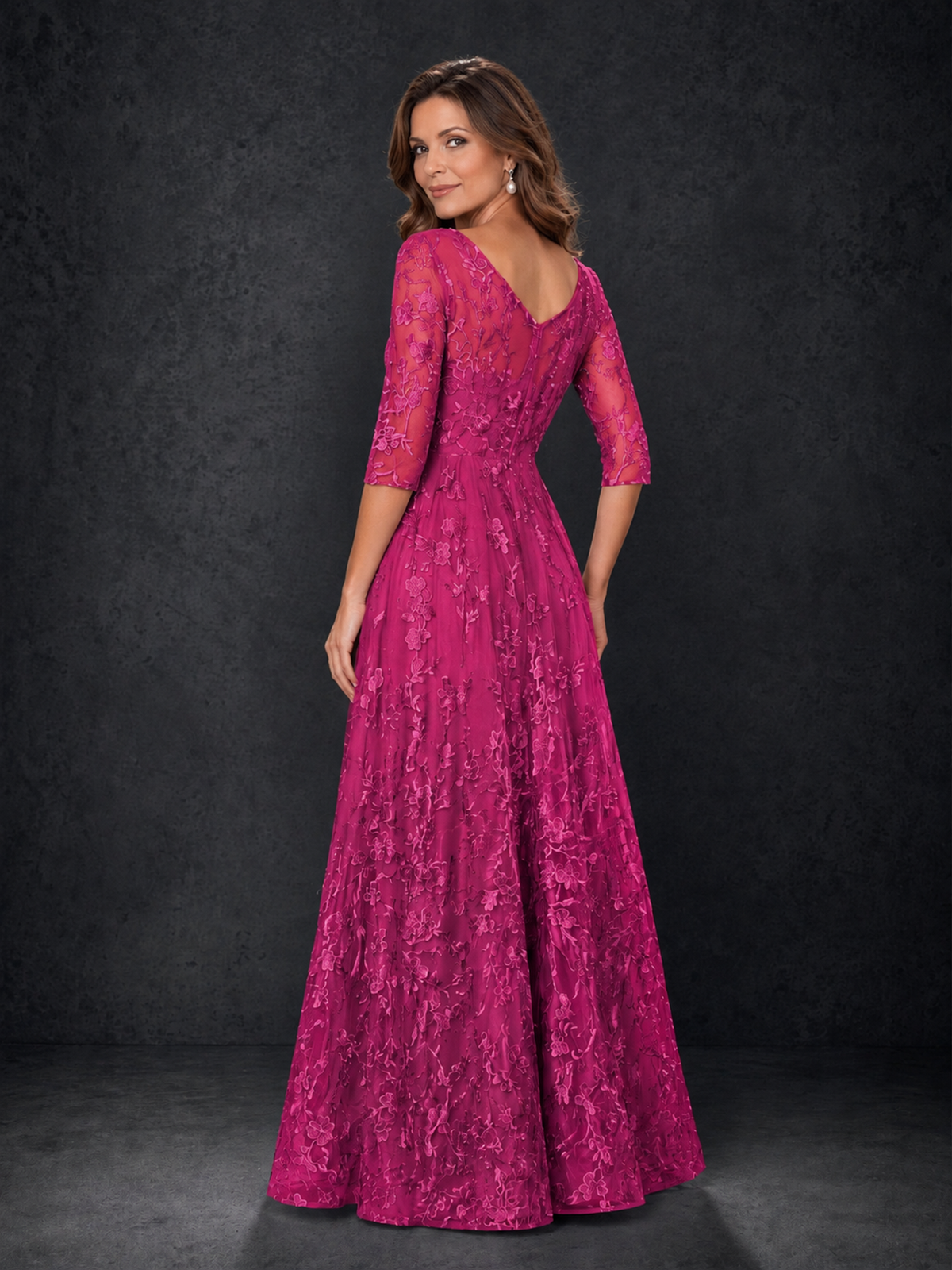 BOLODOO Fuchsia Illusion Bateau Neck 3/4 Sleeve Floral Lace A-Line Mother of the Bride Dress MX007 - Fuchsia - Fuchsia_02