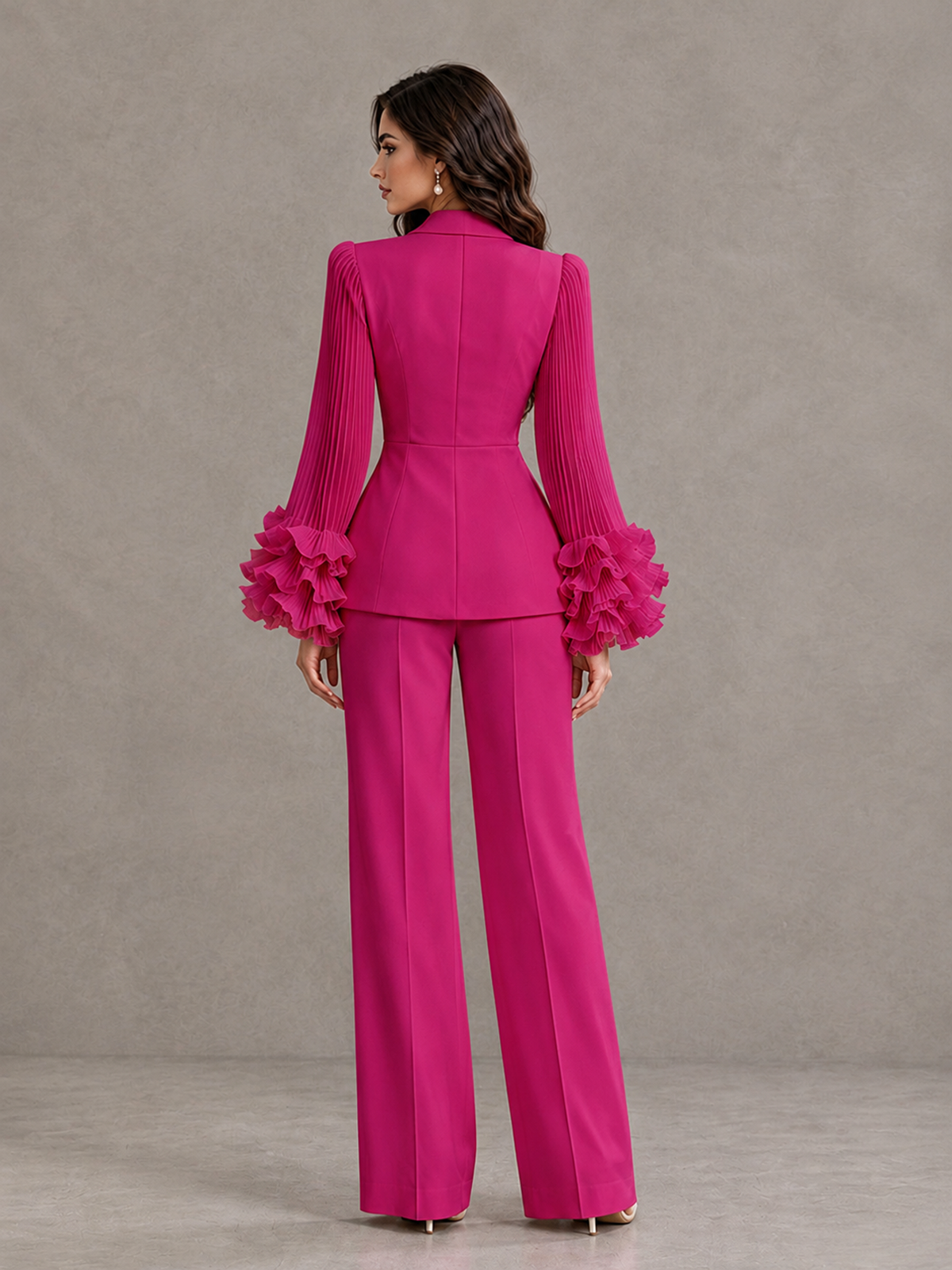 BOLODOO Fuchsia Mother of the Bride Pant Suit – Pleated Long Sleeve Ruffle Cuff Wide Leg Trouser Suit - Fuchsia - Fuchsia_02