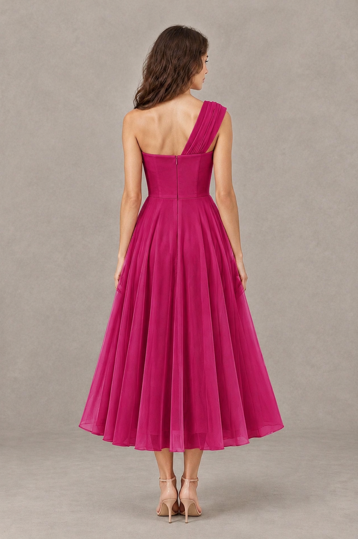 BOLODOO Fuchsia One-Shoulder Floral Tulle Tea-Length Dress - Fuchsia - Fuchsia_02