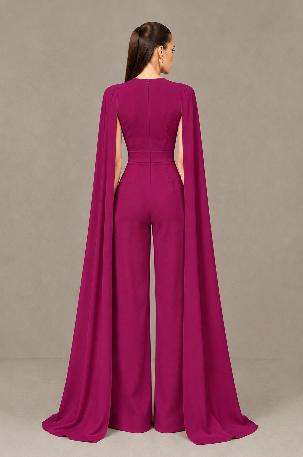 BOLODOO Fuchsia Deep V-Neck Cape Sleeve Bridal Jumpsuit - Fuchsia - Fuchsia_02