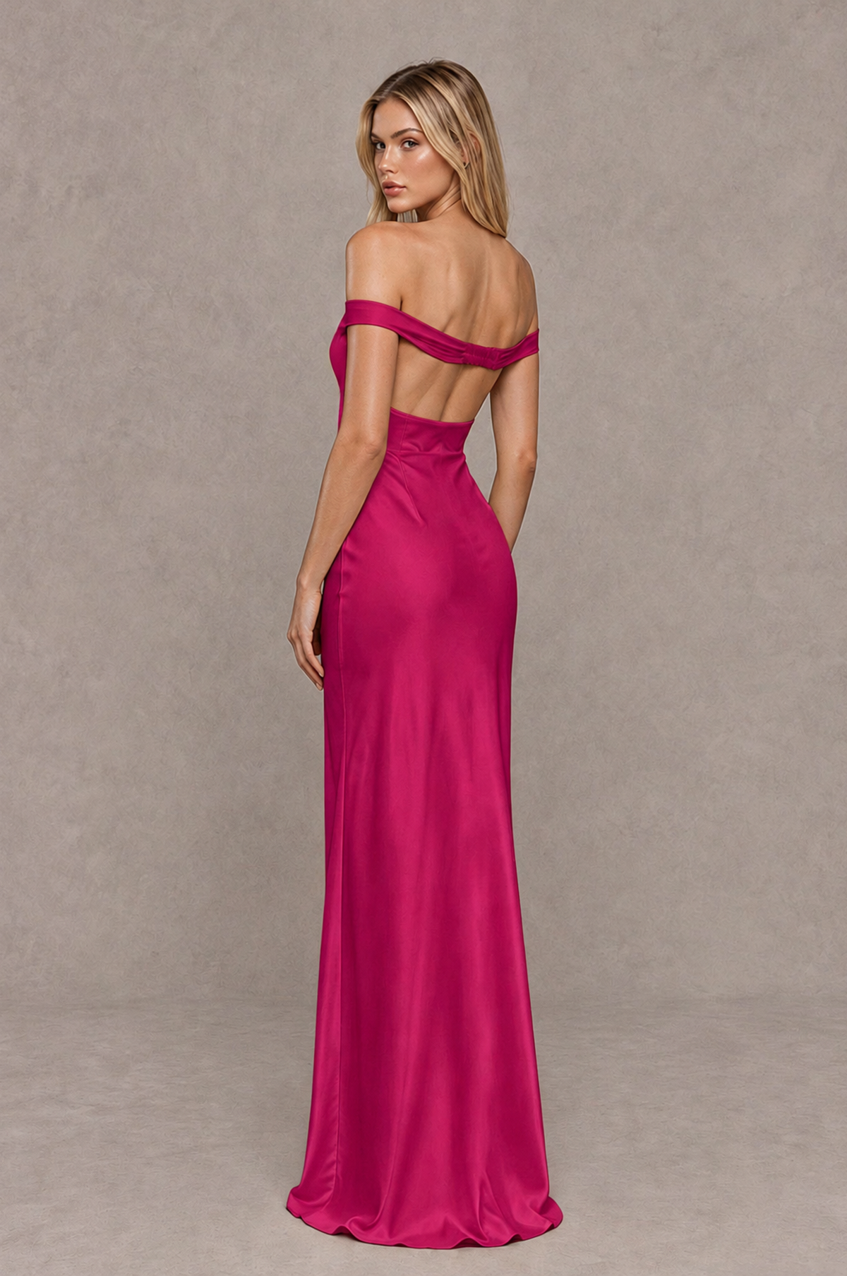 BOLODOO Fuchsia Off-Shoulder Open-Back Satin Evening Gown - Fuchsia - Fuchsia_02