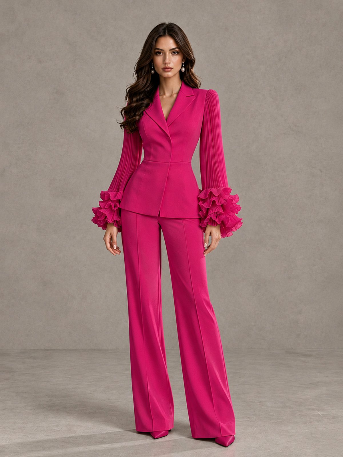 BOLODOO Fuchsia Mother of the Bride Pant Suit – Pleated Long Sleeve Ruffle Cuff Wide Leg Trouser Suit - Fuchsia - Fuchsia_03