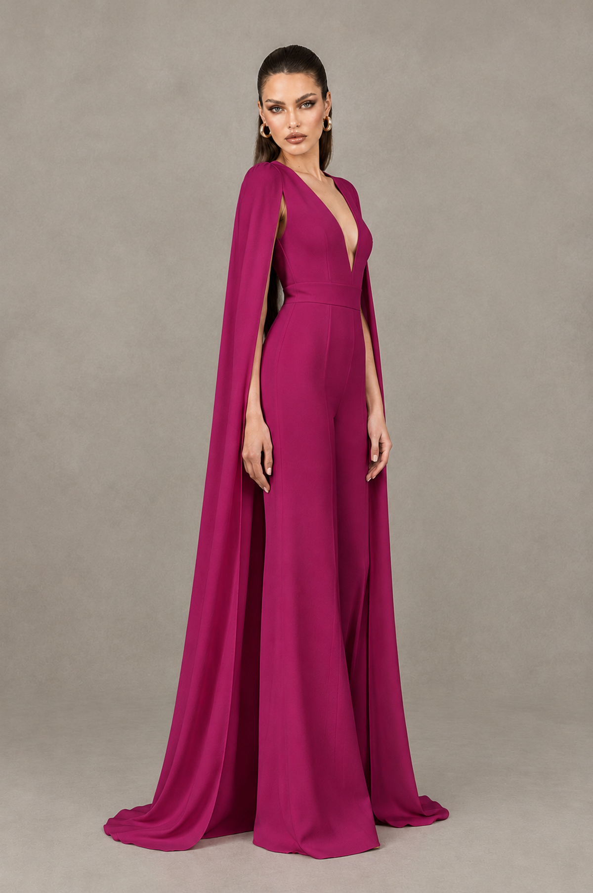 BOLODOO Fuchsia Deep V-Neck Cape Sleeve Bridal Jumpsuit - Fuchsia - Fuchsia_03