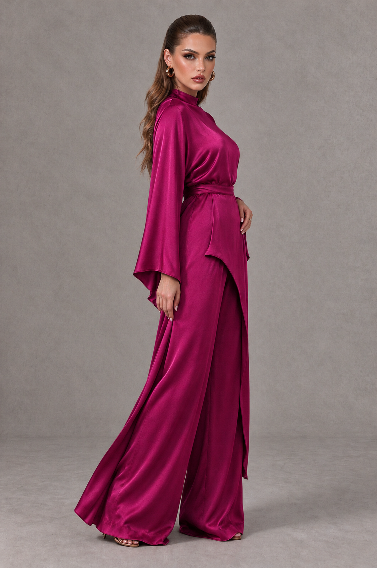 BOLODOO Fuchsia Satin-Look Long Sleeve Wide-Leg Jumpsuit - Fuchsia - Fuchsia_03
