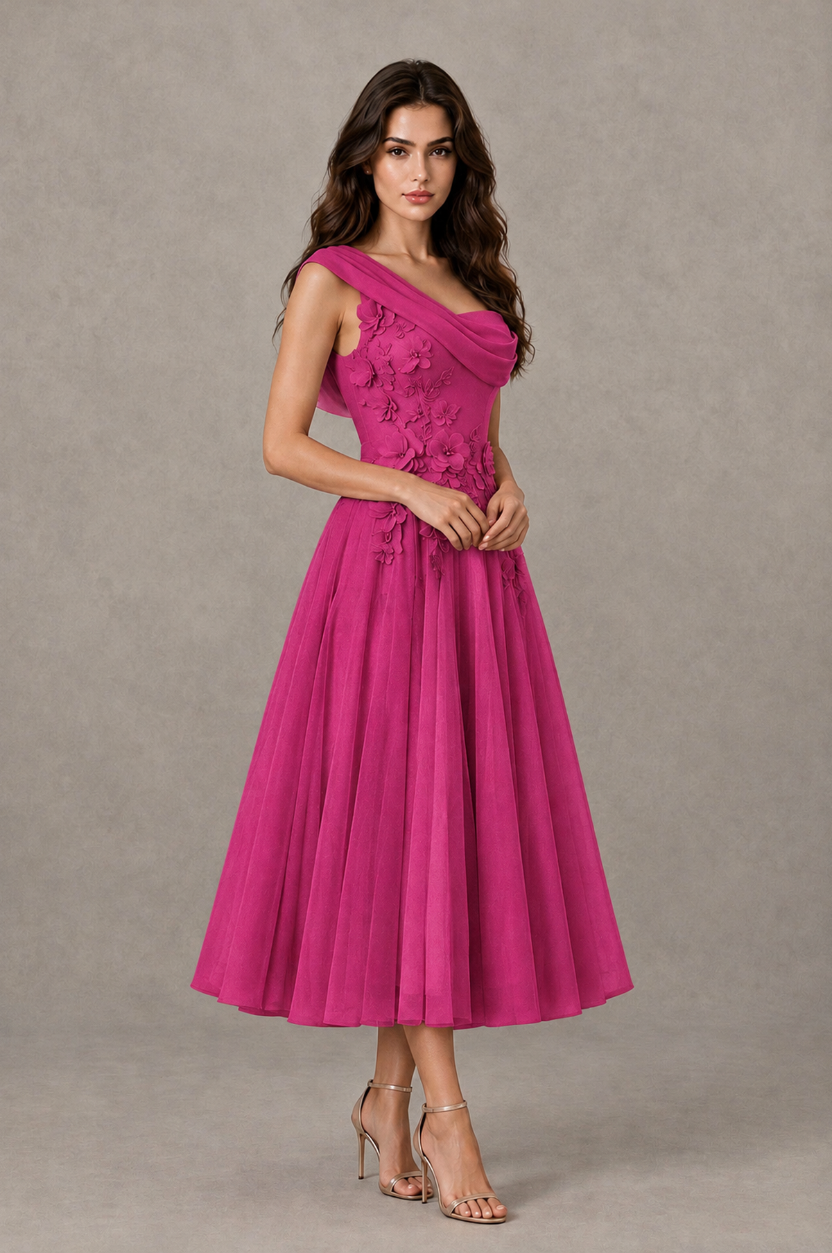 BOLODOO Fuchsia One-Shoulder Floral Tulle Tea-Length Dress - Fuchsia - Fuchsia_03