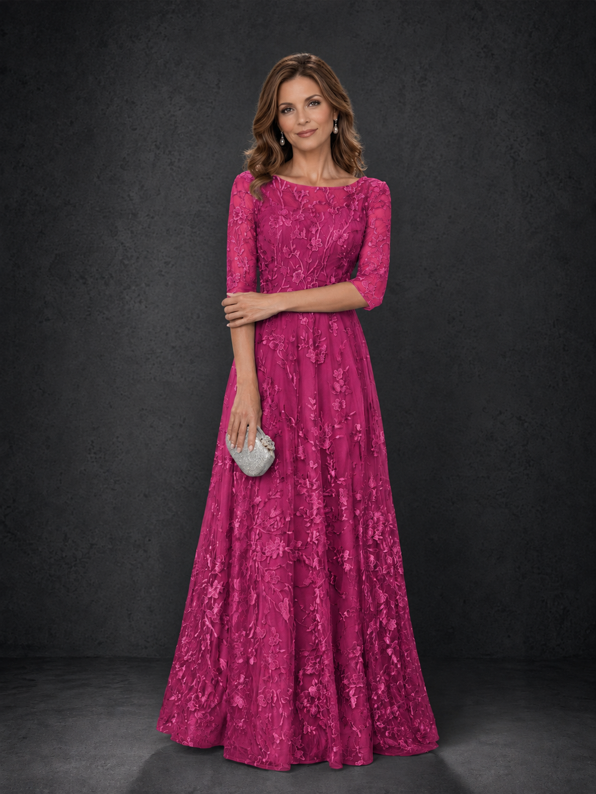 BOLODOO Fuchsia Illusion Bateau Neck 3/4 Sleeve Floral Lace A-Line Mother of the Bride Dress MX007 - Fuchsia - Fuchsia_03