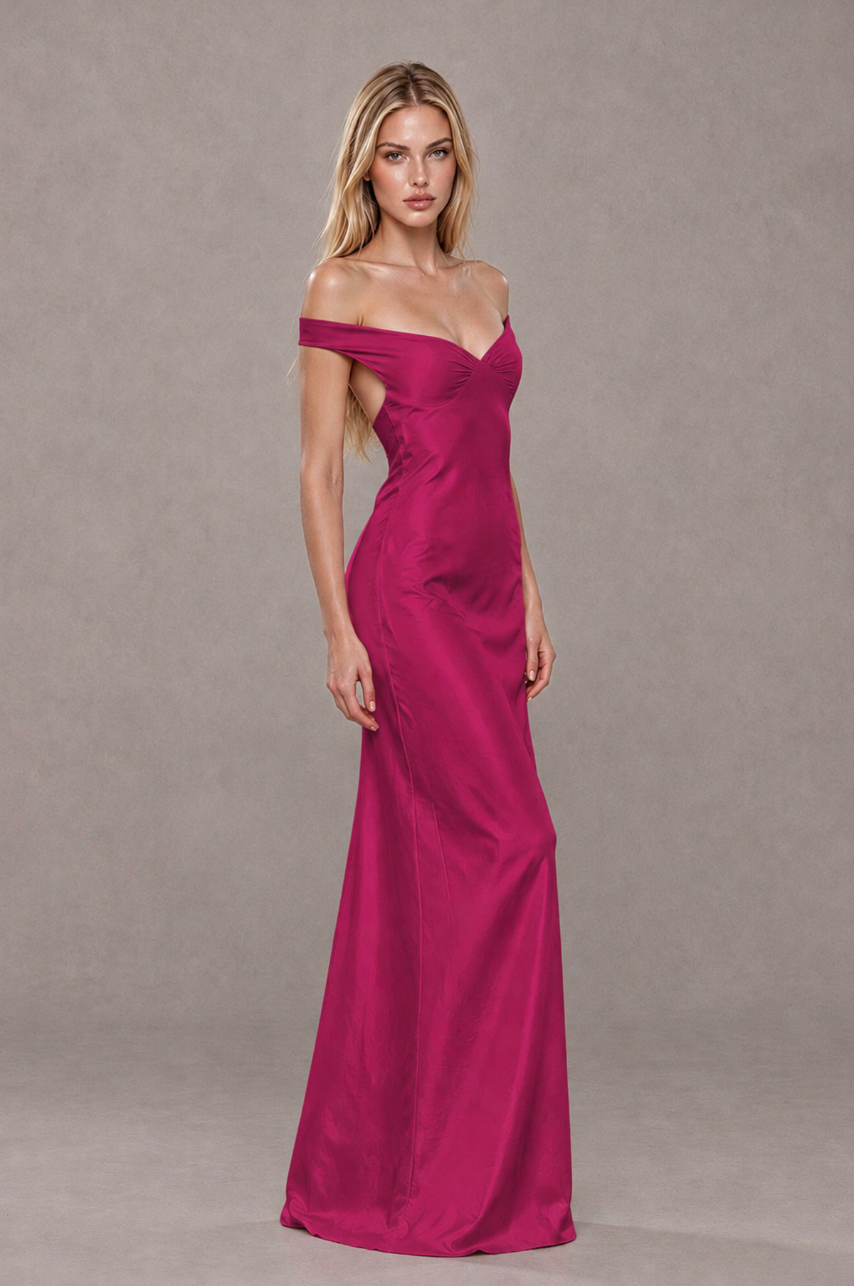 BOLODOO Fuchsia Off-Shoulder Open-Back Satin Evening Gown - Fuchsia - Fuchsia_04
