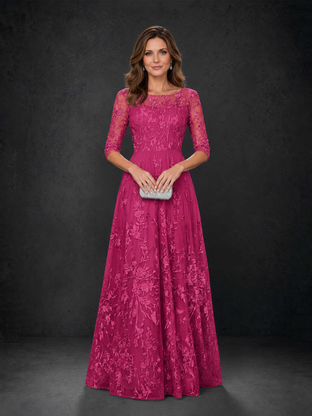 BOLODOO Fuchsia Illusion Bateau Neck 3/4 Sleeve Floral Lace A-Line Mother of the Bride Dress MX007 - Fuchsia - Fuchsia_04
