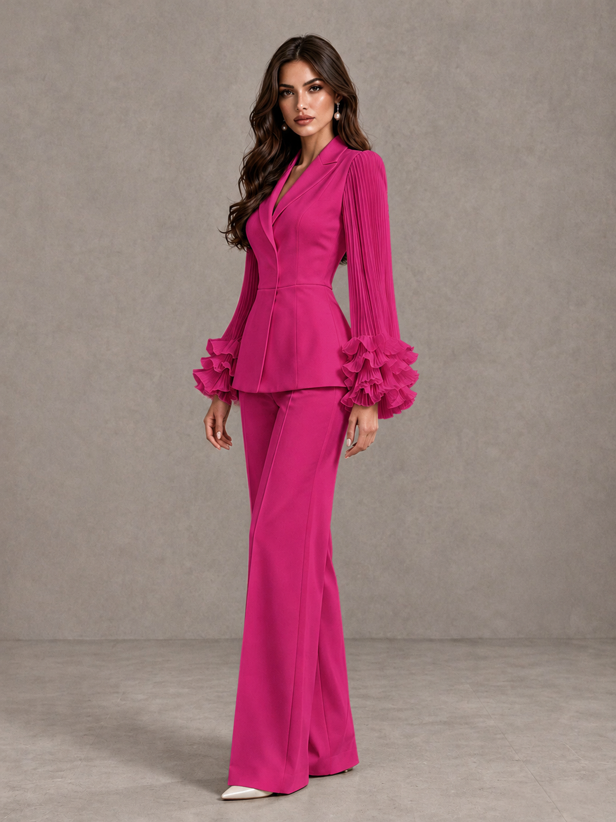BOLODOO Fuchsia Mother of the Bride Pant Suit – Pleated Long Sleeve Ruffle Cuff Wide Leg Trouser Suit - Fuchsia - Fuchsia_04
