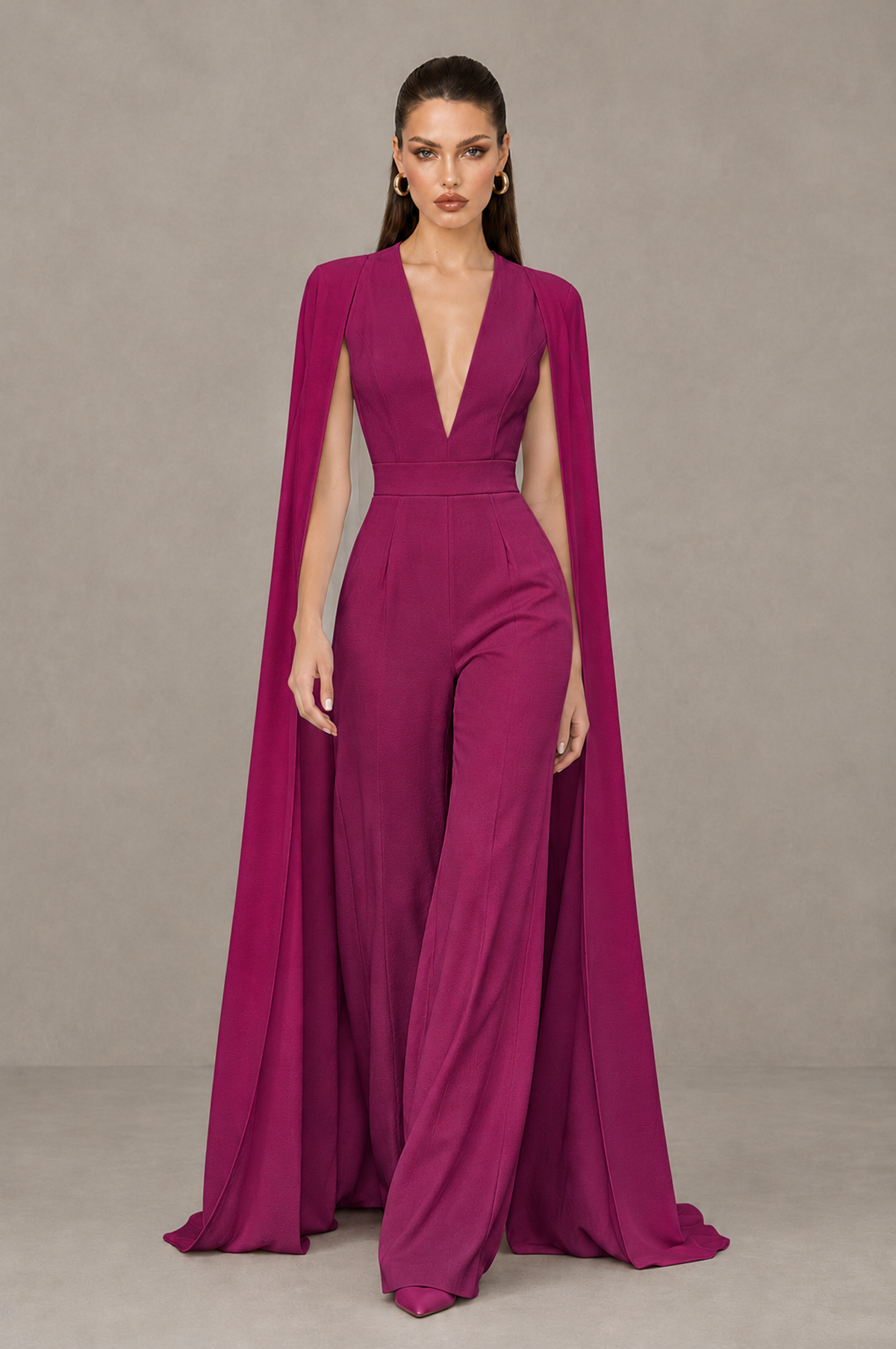 BOLODOO Fuchsia Deep V-Neck Cape Sleeve Bridal Jumpsuit - Fuchsia - Fuchsia_04