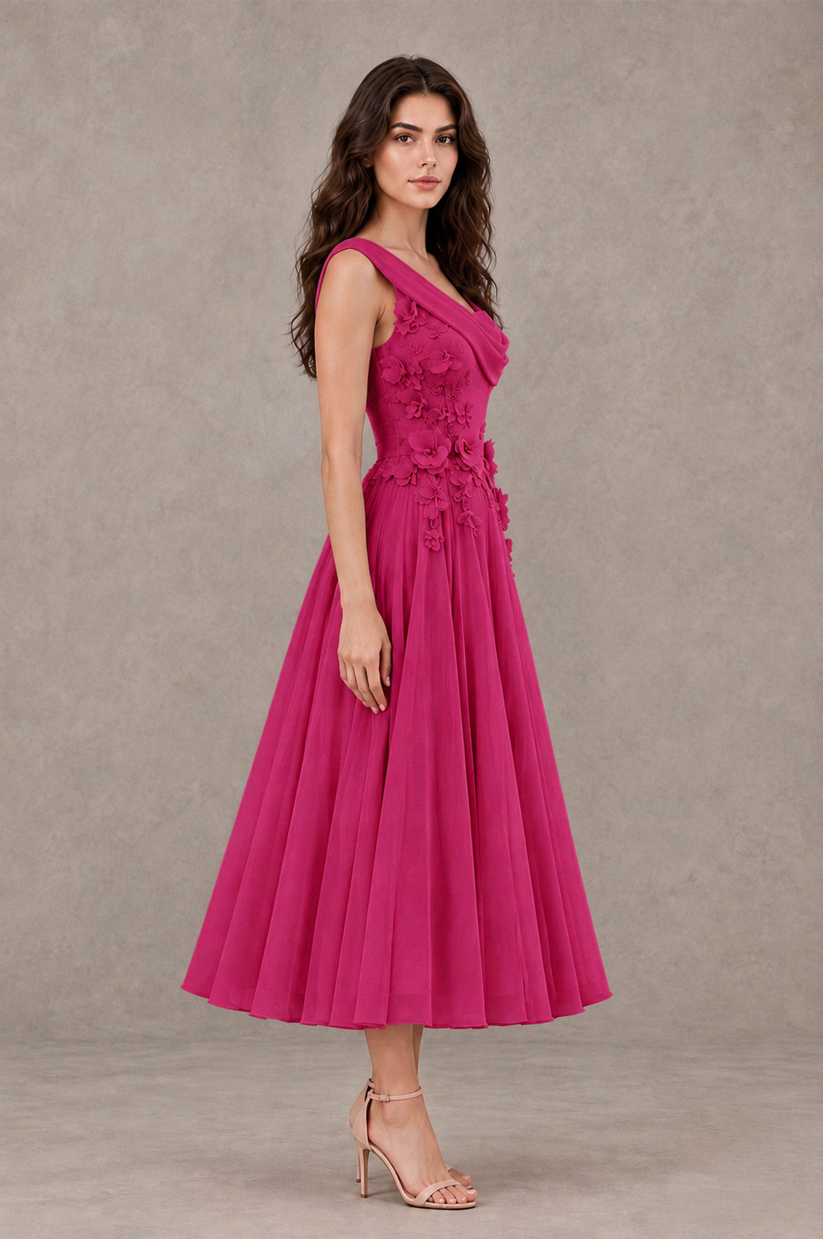 BOLODOO Fuchsia One-Shoulder Floral Tulle Tea-Length Dress - Fuchsia - Fuchsia_04