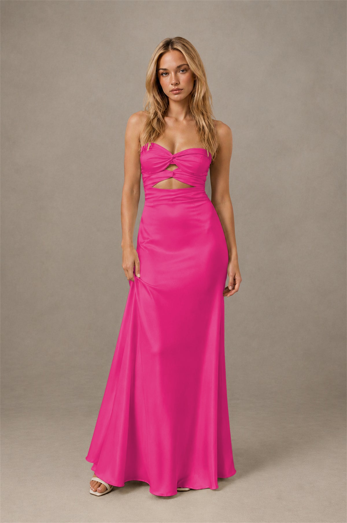 BOLODOO Fuchsia Sweetheart Strapless Twist Knot Cutout Lace-Up Back Satin Mermaid Maxi Dress - Fuchsia - Fuchsia(1)