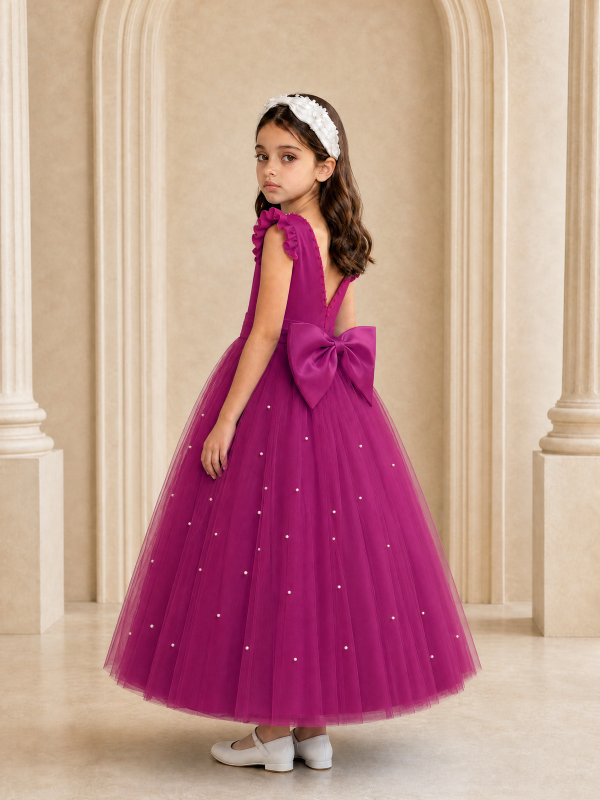 BOLODOO Fuchsia Tulle Flower Girl Dress with Ruffle Sleeves & Bow Back - Fuchsia - Fuchsia_1