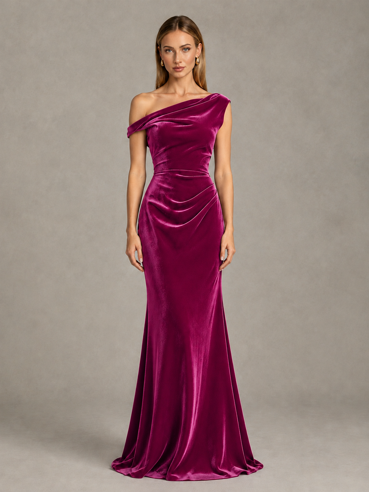 BOLODOO Fuchsia One-Shoulder Velvet Mermaid Evening Gown - Fuchsia - Fuchsia_1