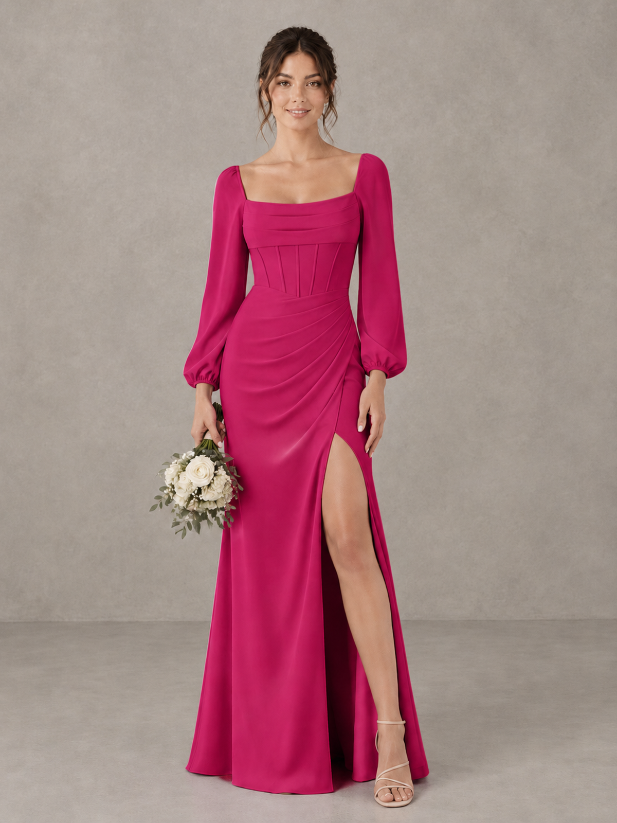 BOLODOO Fuchsia Square Neck Long Sleeve Bridesmaid Dress with High Slit - Fuchsia - Fuchsia_1