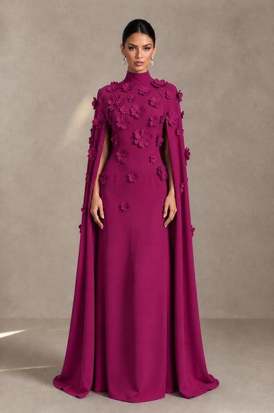 BOLODOO Fuchsia 3D Floral Applique Cape Formal Dress - Fuchsia - Fuchsia_1