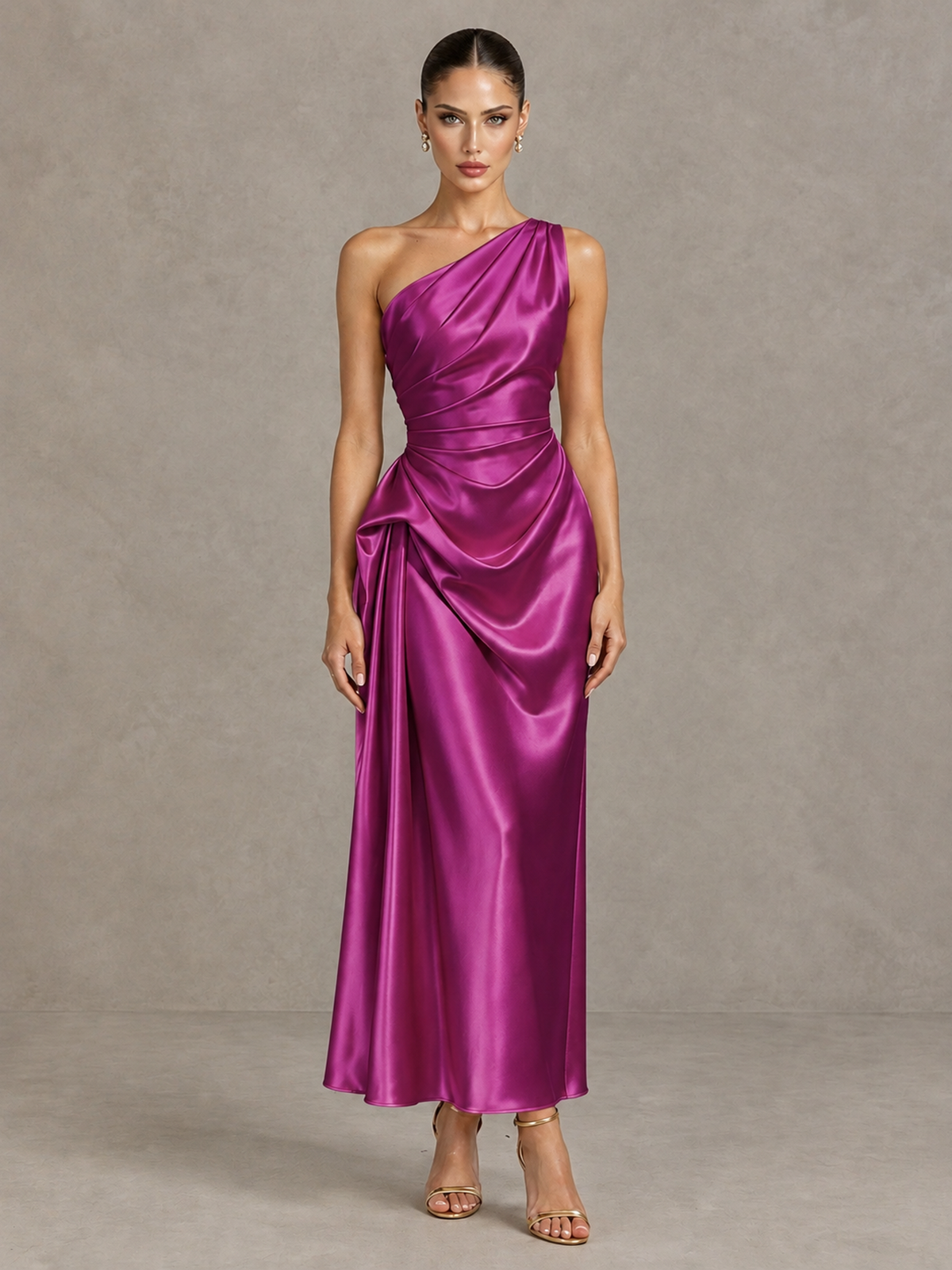 BOLODOO Fuchsia One Shoulder Satin Cocktail Dress with Draped A-Line Skirt - Fuchsia - Fuchsia_1