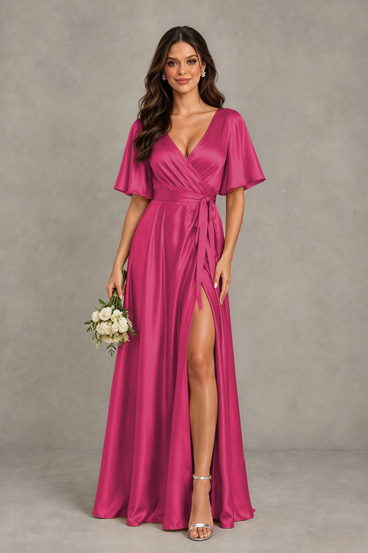 BOLODOO Fuchsia Satin V-Neck Flutter Sleeve Bridesmaid Dress with Slit - Fuchsia - Fuchsia(1)