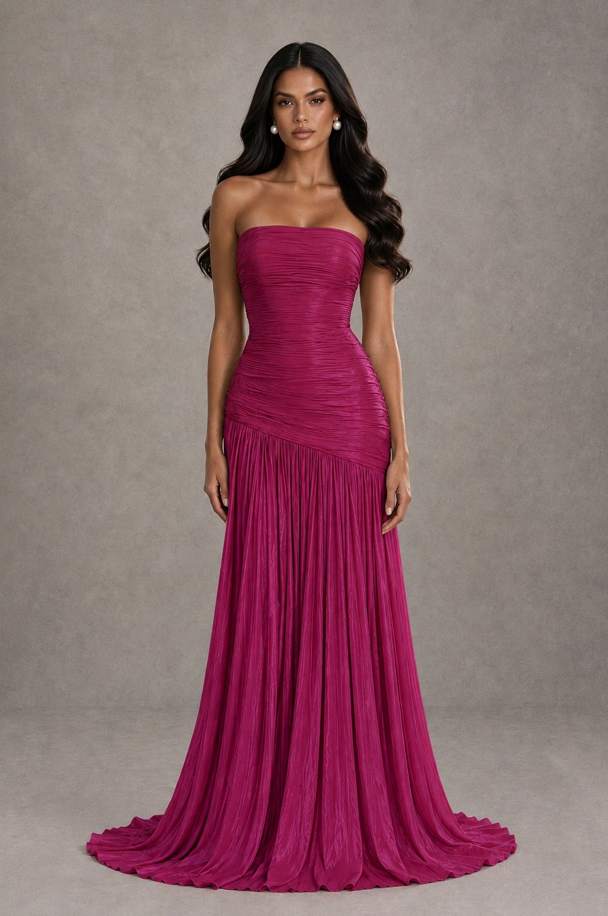 BOLODOO Fuchsia Metallic Ruched Strapless Pleated A-Line Backless Maxi Dress with Train - Fuchsia - Fuchsia_1