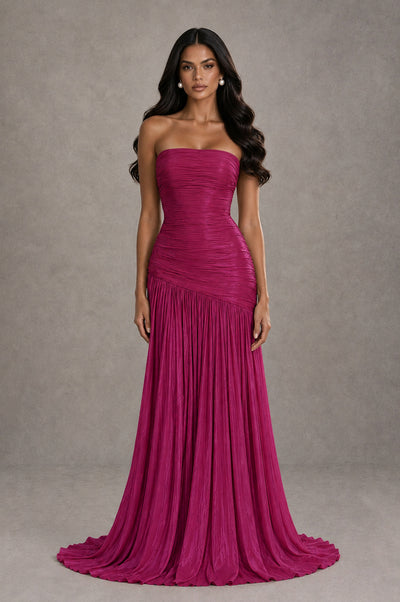 BOLODOO Fuchsia Metallic Ruched Strapless Pleated A-Line Backless Maxi Dress with Train - Fuchsia - Fuchsia_1