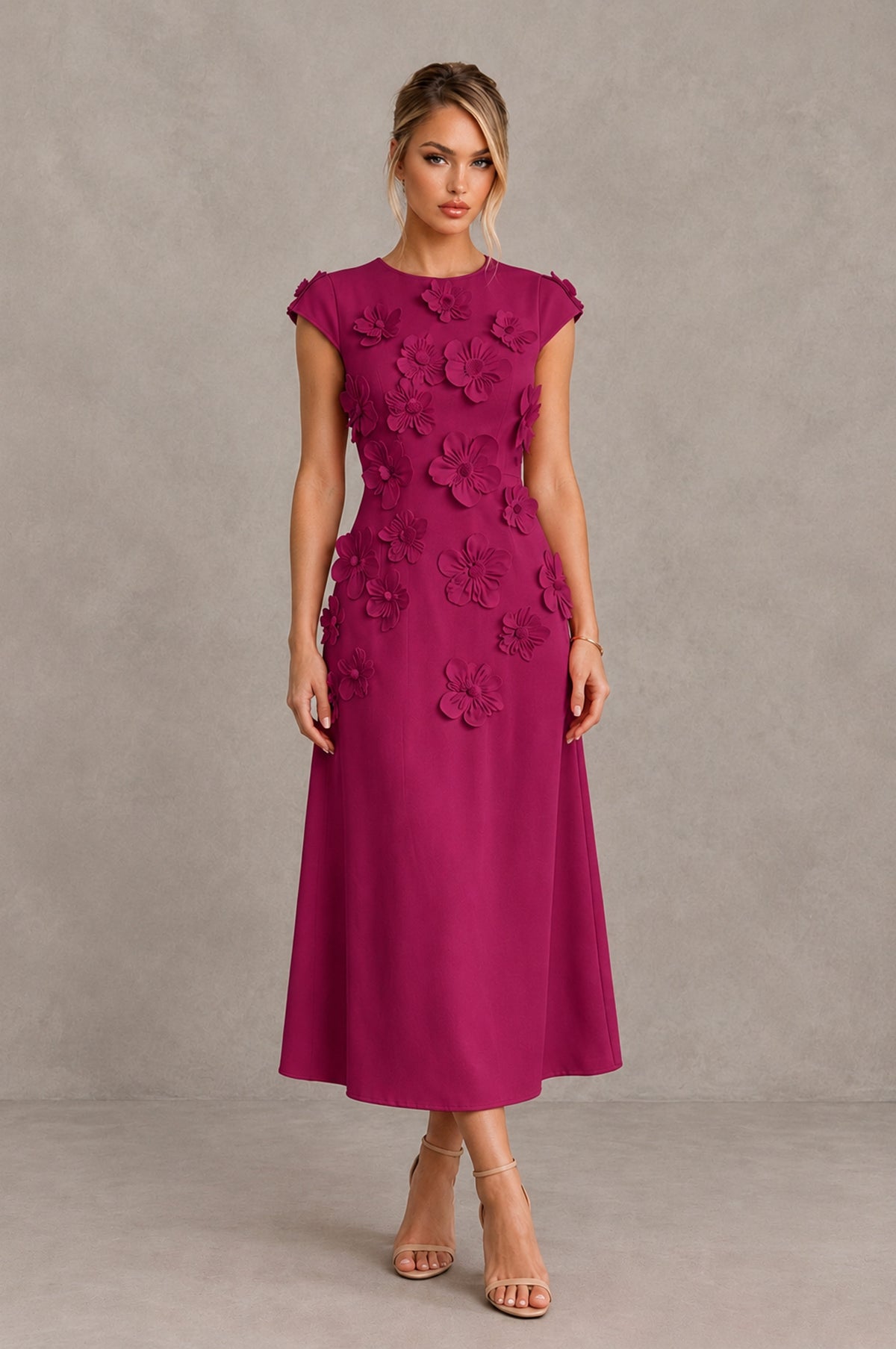 BOLODOO Fuchsia 3D Floral Cap Sleeve Midi Cocktail Dress - Fuchsia - Fuchsia_1