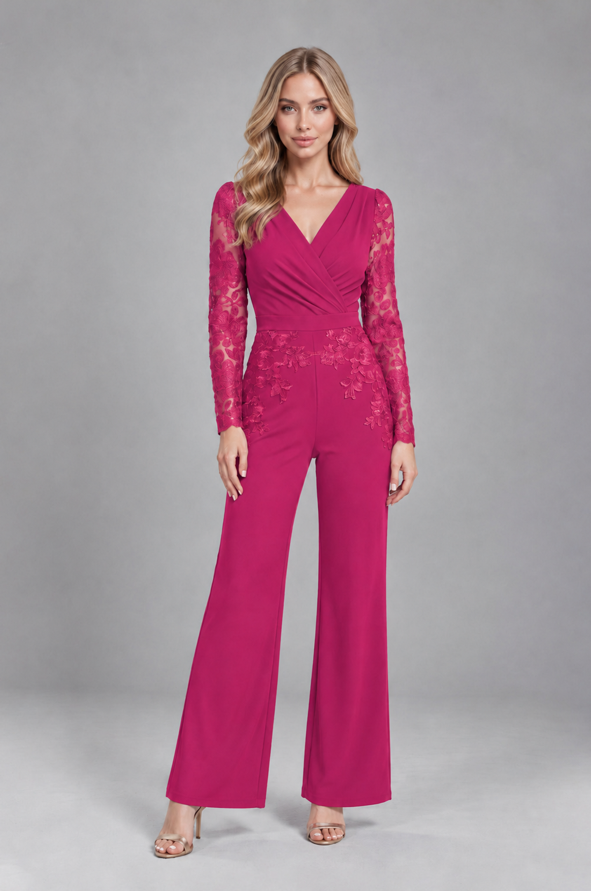 BOLODOO Fuchsia Lace Long-Sleeve V-Neck Mother Pant Suit - Fuchsia - Fuchsia_1