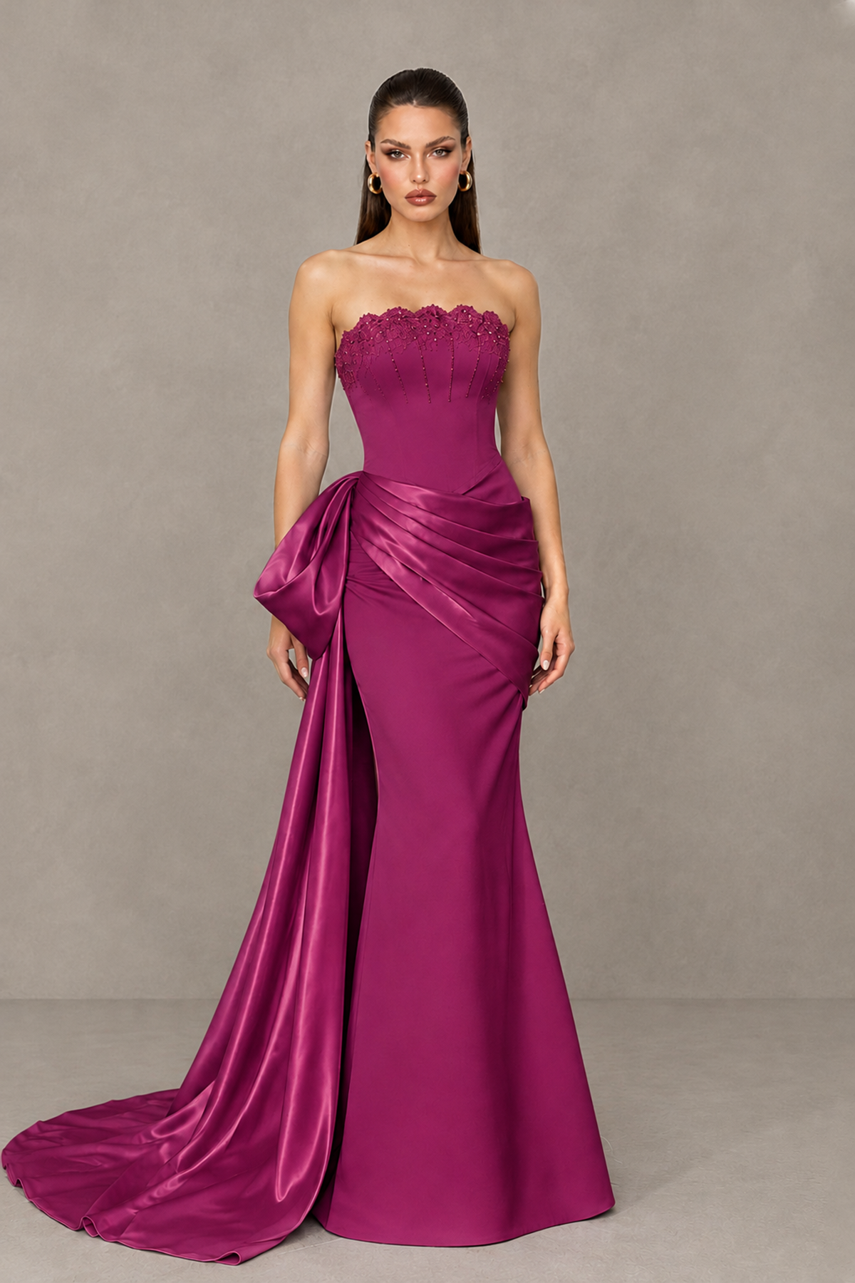 BOLODOO Fuchsia Strapless Satin Prom Dress with Draped Side Train - Fuchsia - Fuchsia_1