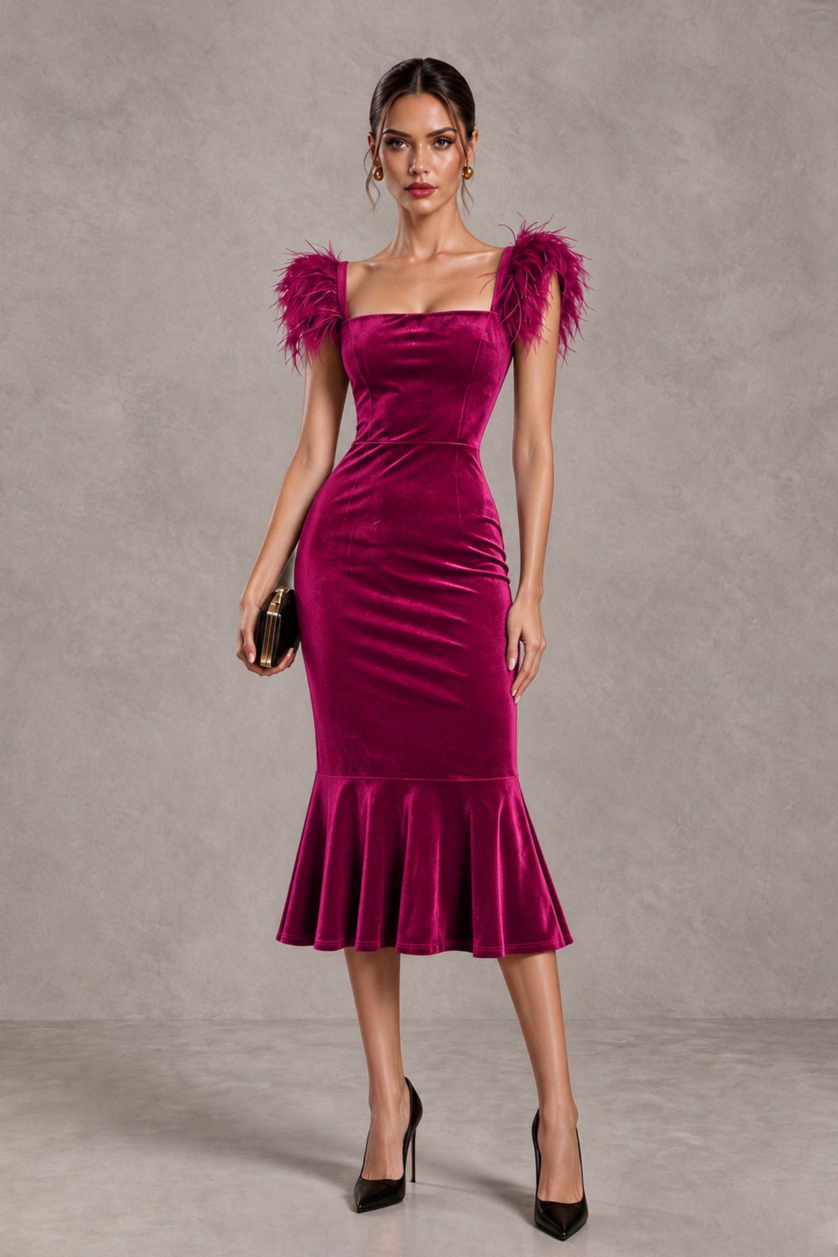 BOLODOO Fuchsia Feather-Trim Velvet-Look Mermaid Midi Dress - Fuchsia - Fuchsia_1