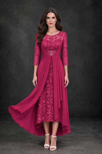 BOLODOO Fuchsia Sequin Lace & Chiffon Tea-Length Mother of the Bride Dress with 3/4 Sleeves - Fuchsia - Fuchsia_1
