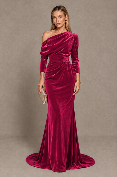 BOLODOO Fuchsia Velvet Asymmetric Neck Mermaid Evening Dress - Fuchsia - Fuchsia_1