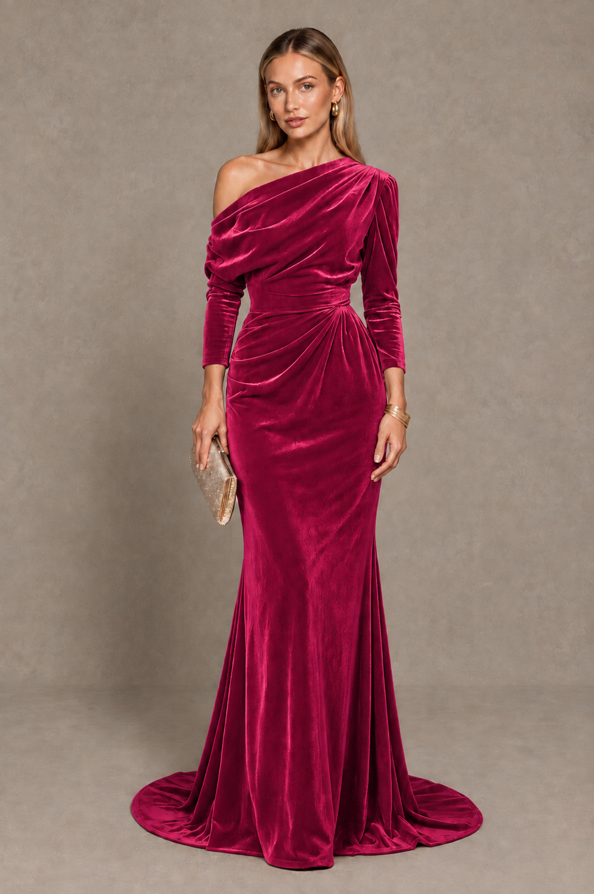 BOLODOO Fuchsia Velvet Asymmetric Neck Mermaid Evening Dress - Fuchsia - Fuchsia_1