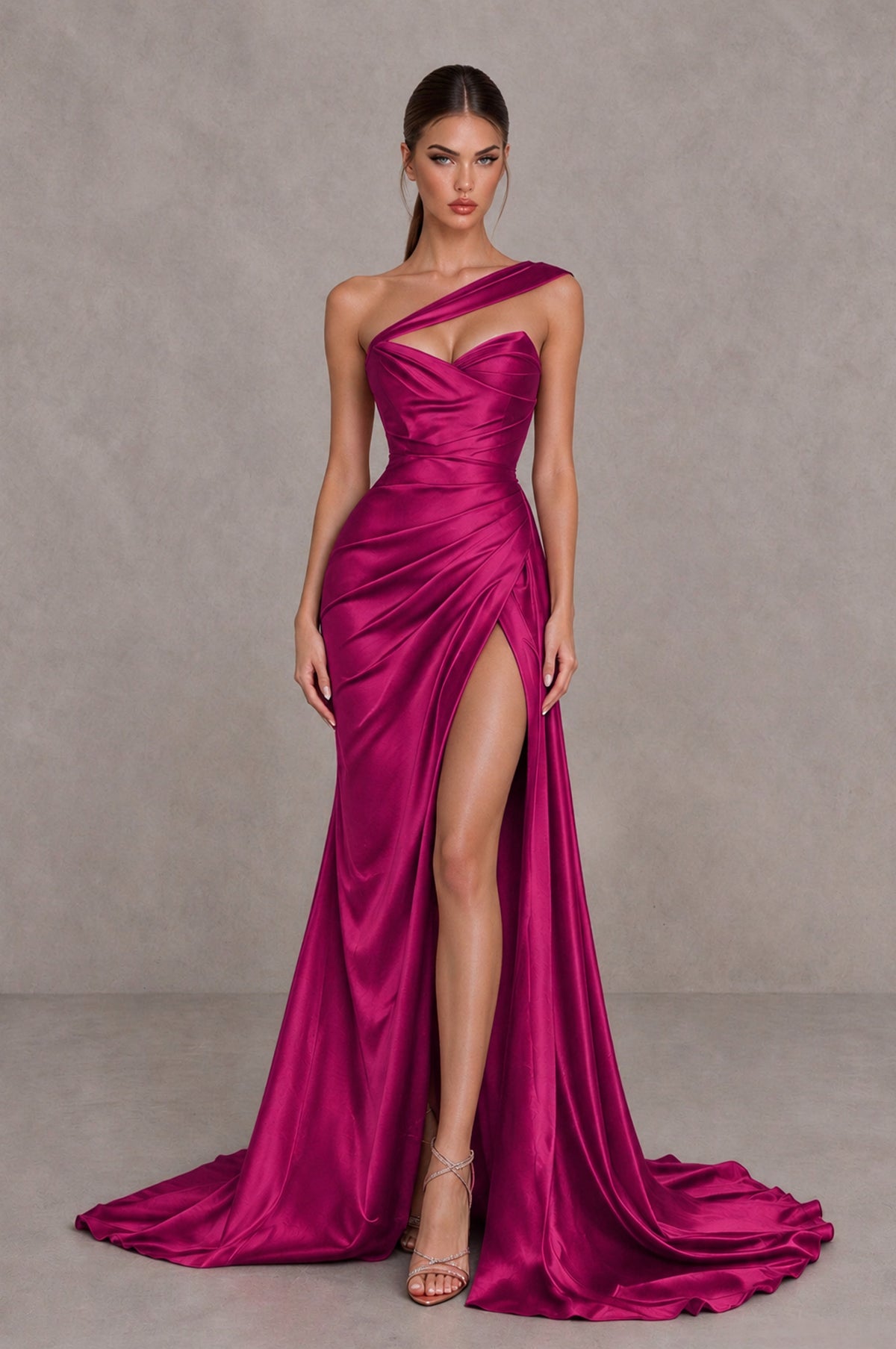 BOLODOO Fuchsia One Shoulder Satin Mermaid Evening Dress with Ruched Slit Skirt - Fuchsia - Fuchsia_1