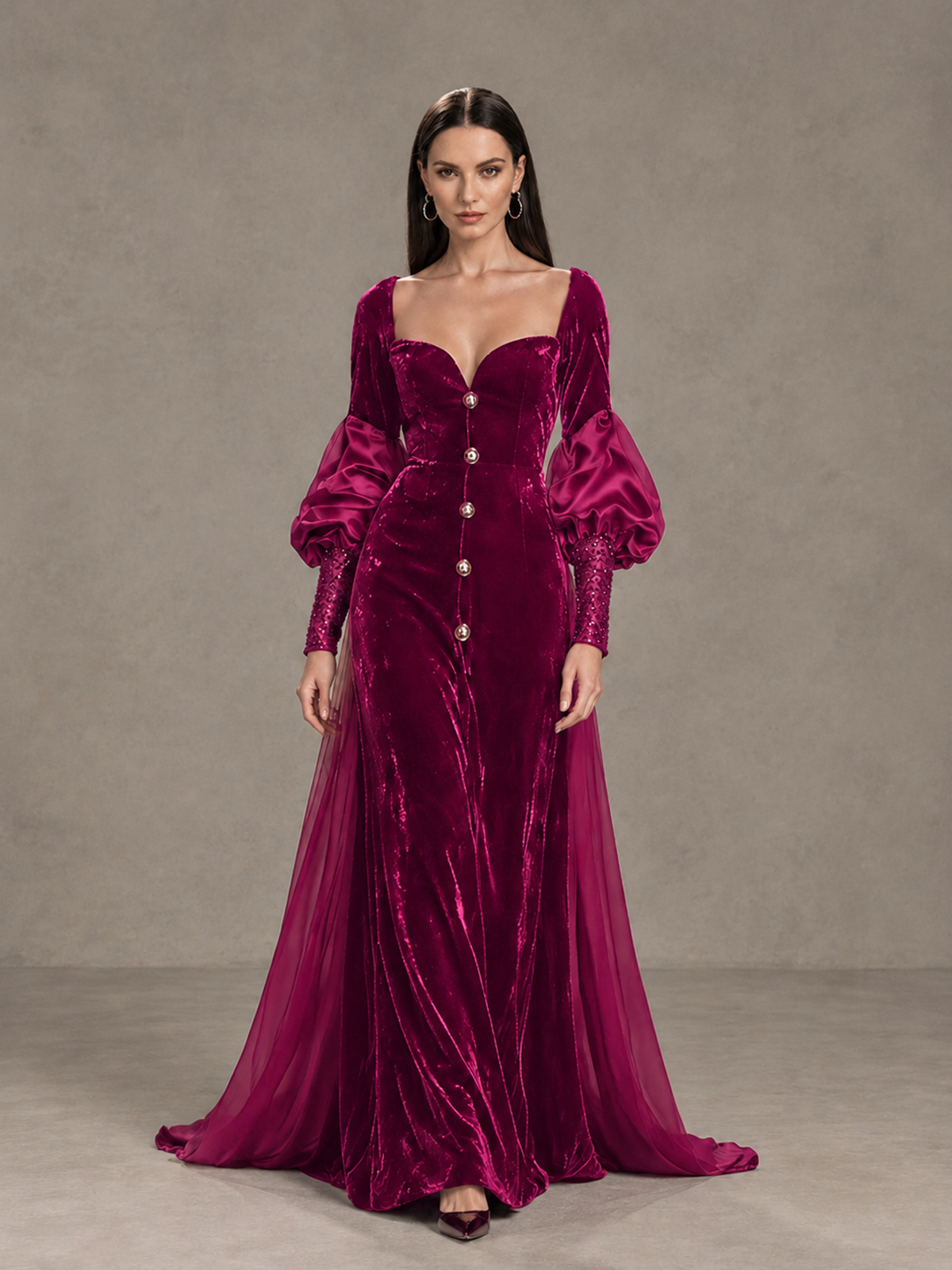 BOLODOO Fuchsia Velvet Long Sleeve Open-Back Evening Gown - Fuchsia - Fuchsia_1