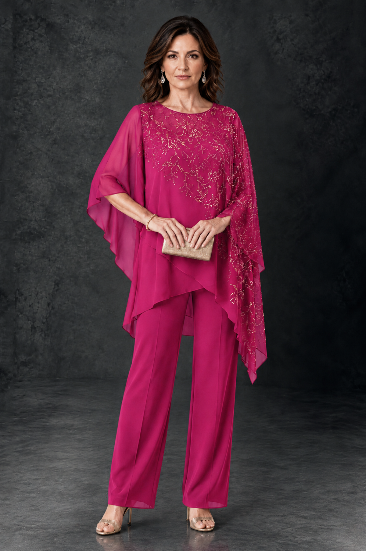 BOLODOO Fuchsia Embellished Cape Pant Suit for Mother of the Bride - Fuchsia - Fuchsia_1