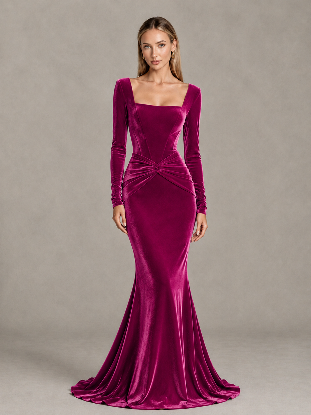 BOLODOO Fuchsia Velvet-Look Square Neck Long Sleeve Mermaid Evening Dress - Fuchsia - Fuchsia_1