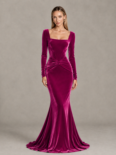 BOLODOO Fuchsia Velvet-Look Square Neck Long Sleeve Mermaid Evening Dress - Fuchsia - Fuchsia_1