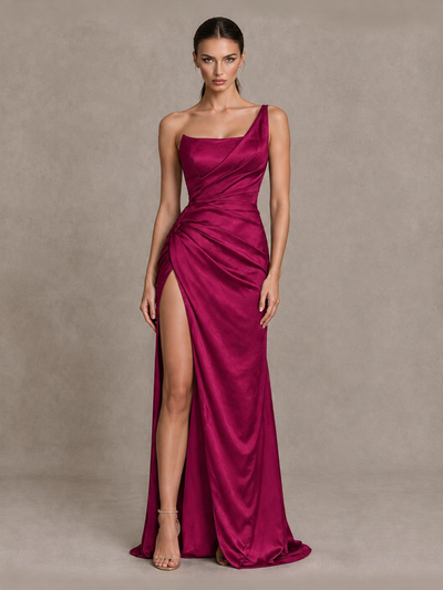 BOLODOO Fuchsia One Shoulder Satin Evening Gown with High Slit and Sweep Train - Fuchsia - Fuchsia_1