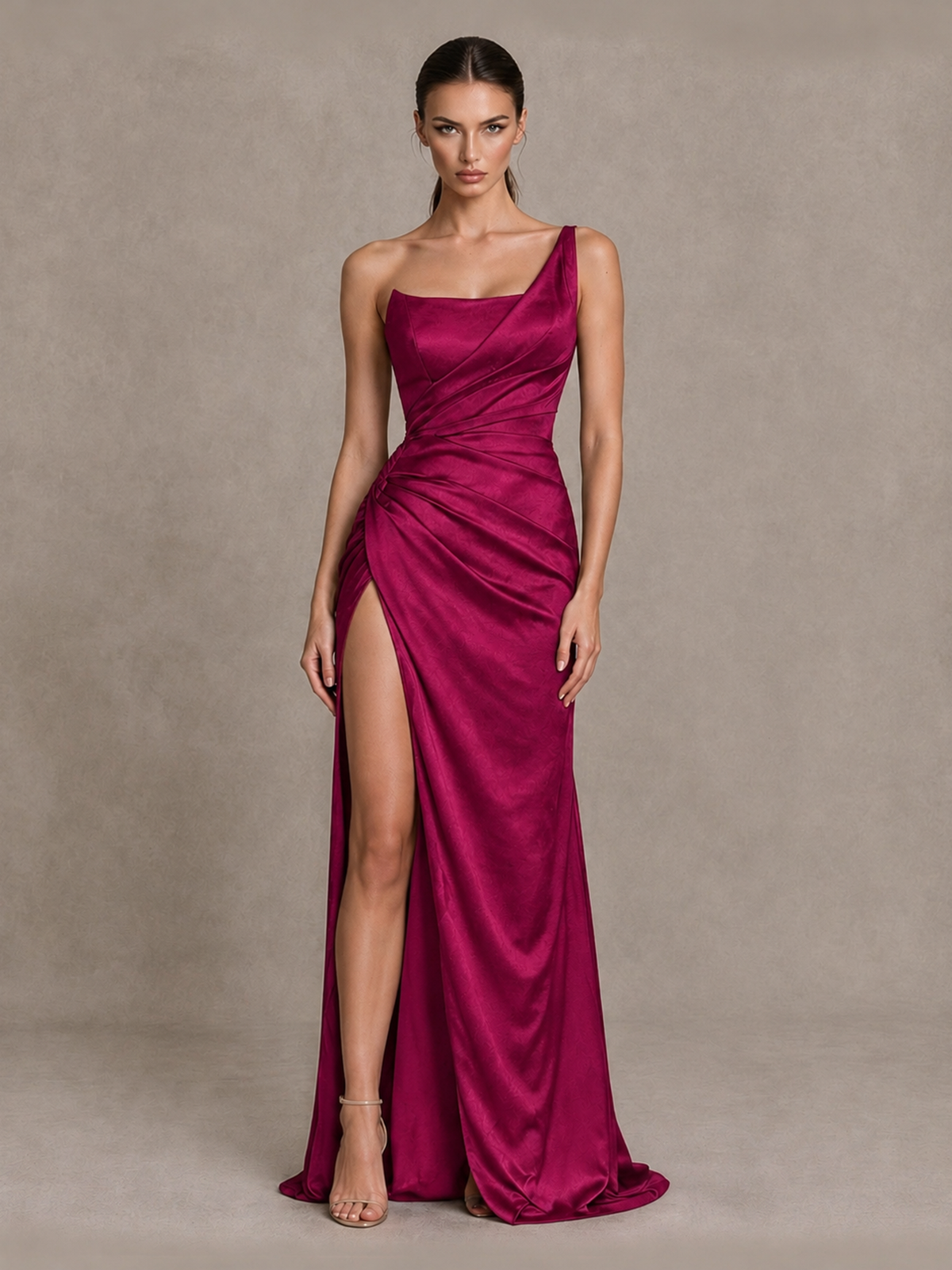 BOLODOO Fuchsia One Shoulder Satin Evening Gown with High Slit and Sweep Train - Fuchsia - Fuchsia_1