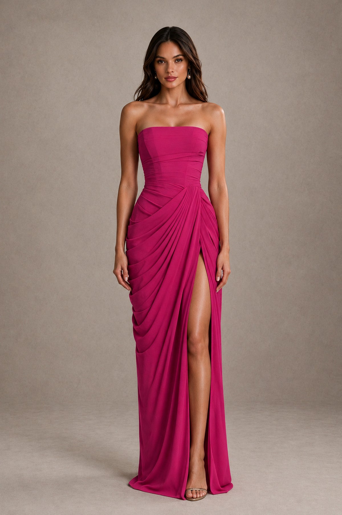 BOLODOO Strapless Draped Maxi Dress - Fuchsia Backless Evening Gown with High Slit - Fuchsia - Fuchsia_1