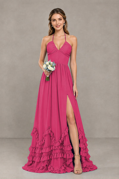 BOLODOO Fuchsia Halter Ruffle Hem A-Line Bridesmaid Dress with High Slit - Fuchsia - Fuchsia(1)