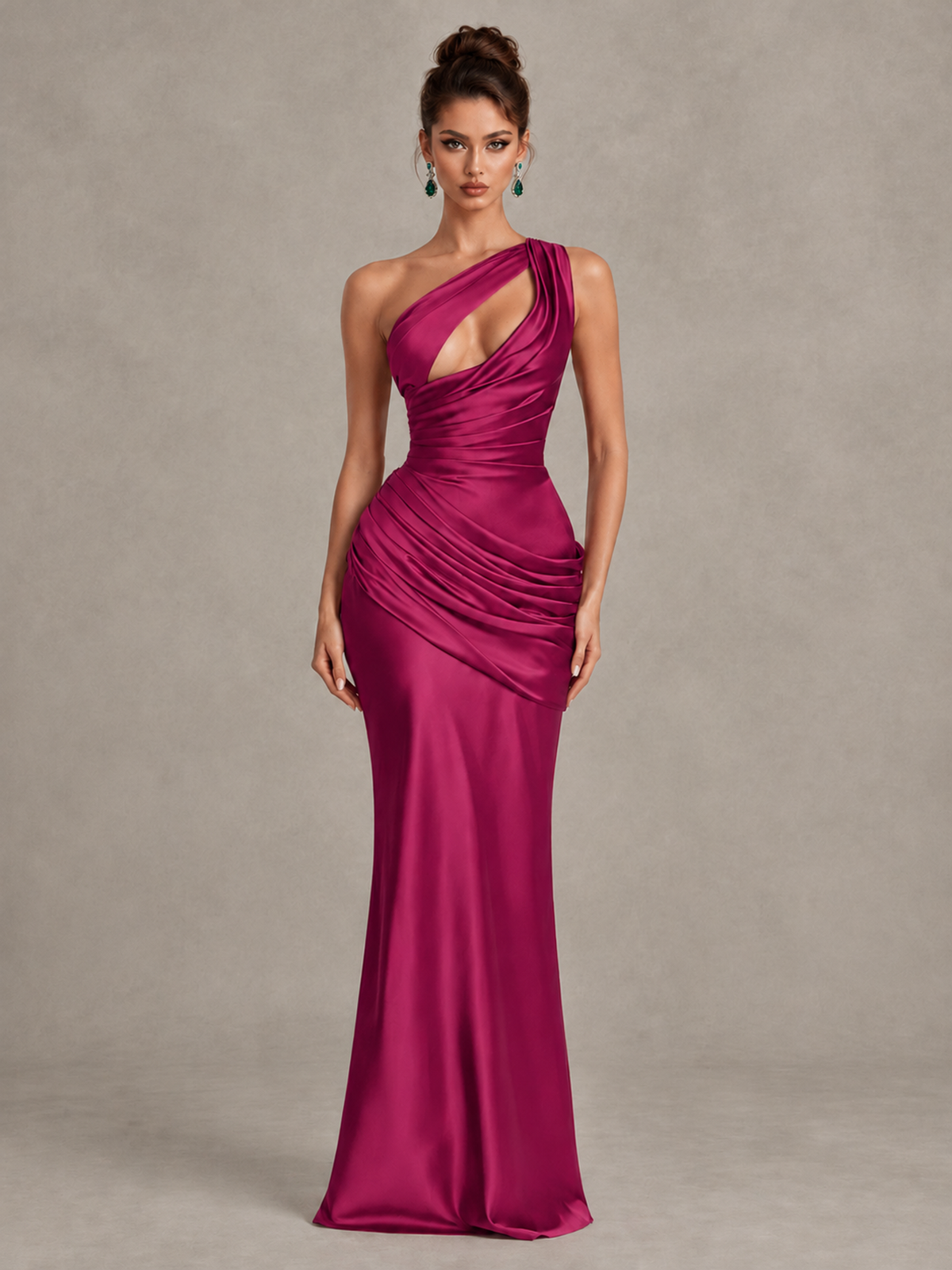 BOLODOO Fuchsia One-Shoulder Cutout Satin Mermaid Prom Dress - Fuchsia - Fuchsia_1
