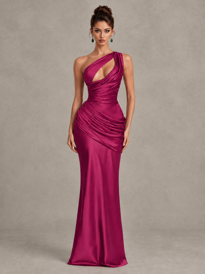 BOLODOO Fuchsia One-Shoulder Cutout Satin Mermaid Prom Dress - Fuchsia - Fuchsia_1
