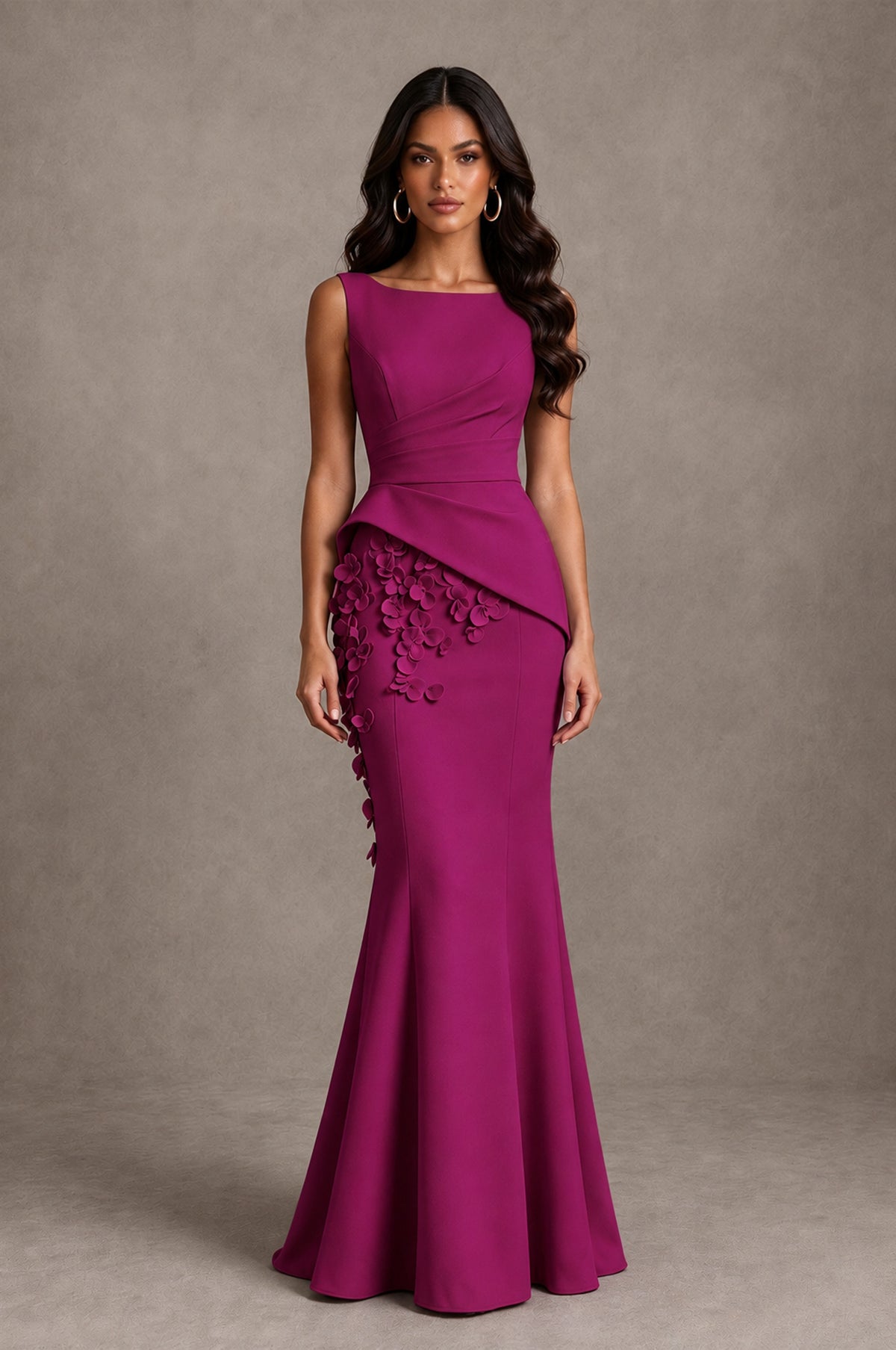 BOLODOO Fuchsia Bateau Neck Sleeveless Asymmetric Peplum 3D Petal Appliqué Mermaid Gown BD0421 - Fuchsia - Fuchsia_1
