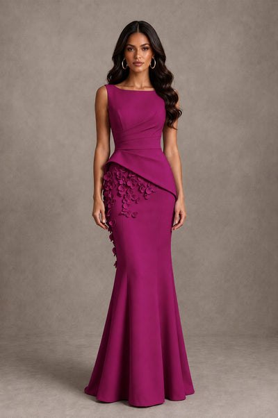 BOLODOO Fuchsia Bateau Neck Sleeveless Asymmetric Peplum 3D Petal Appliqué Mermaid Gown BD0421 - Fuchsia - Fuchsia_1