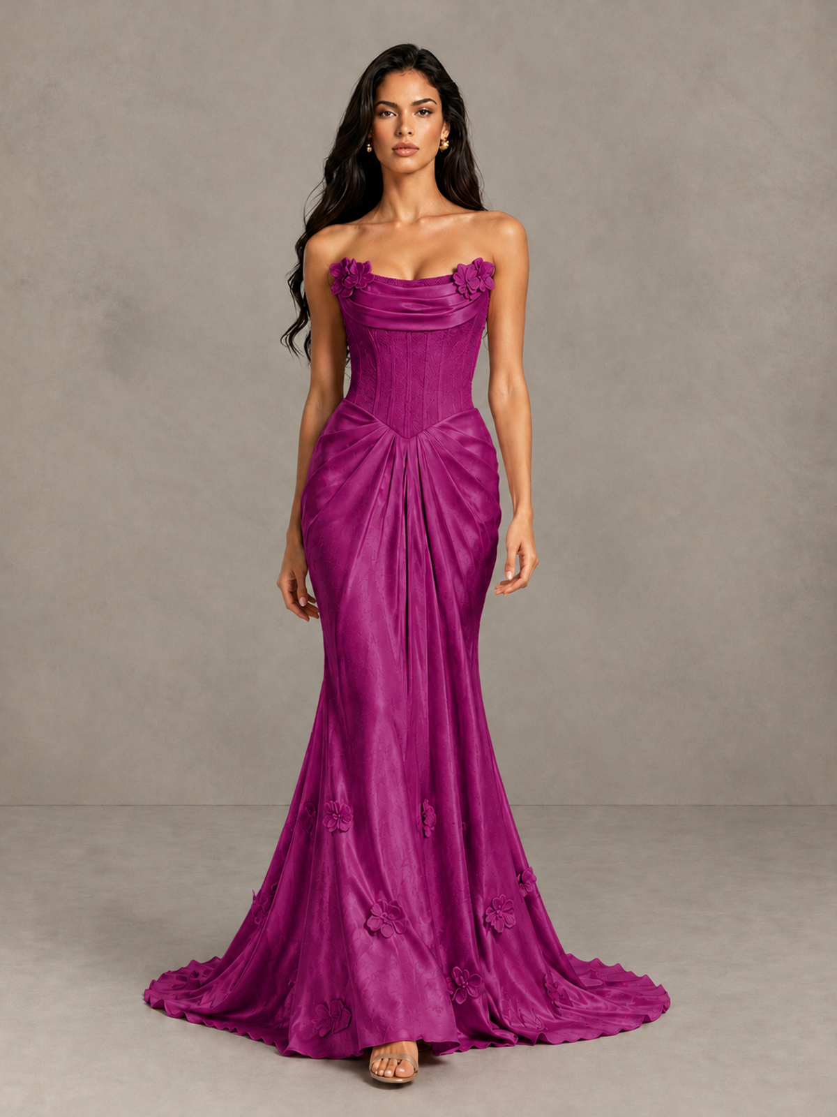 BOLODOO Fuchsia Strapless Floral Corset Evening Gown with Train - Fuchsia - Fuchsia_1