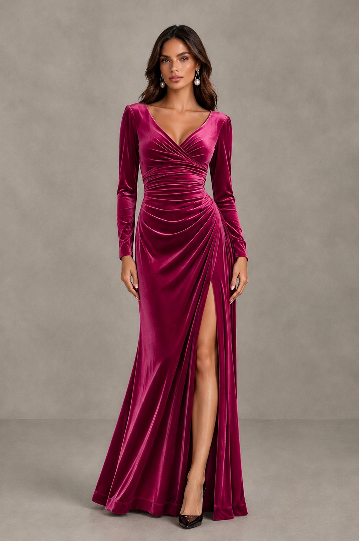BOLODOO Fuchsia Long Sleeve V-Neck Ruched Velvet Formal Dress - Fuchsia - Fuchsia_1