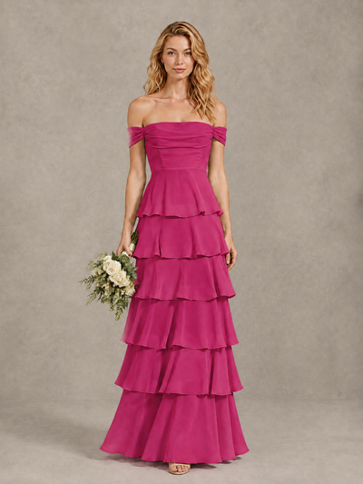 BOLODOO Fuchsia Off-Shoulder Tiered Ruffle Bridesmaid Dress with Lace-Up Back - Fuchsia - Fuchsia_1